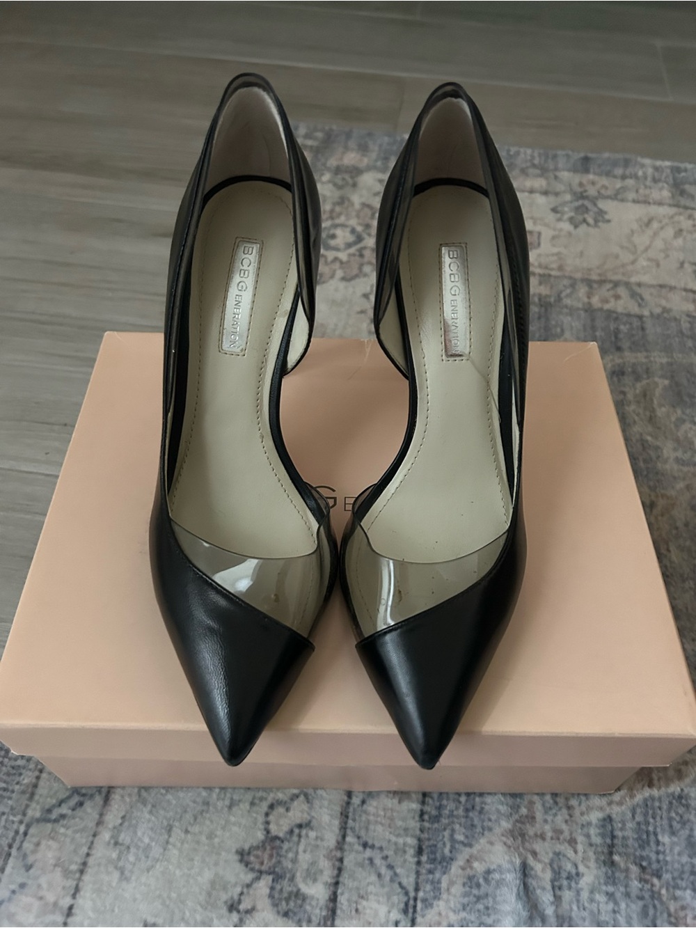 Black Pointed-Toe Pumps with Clear Vamp